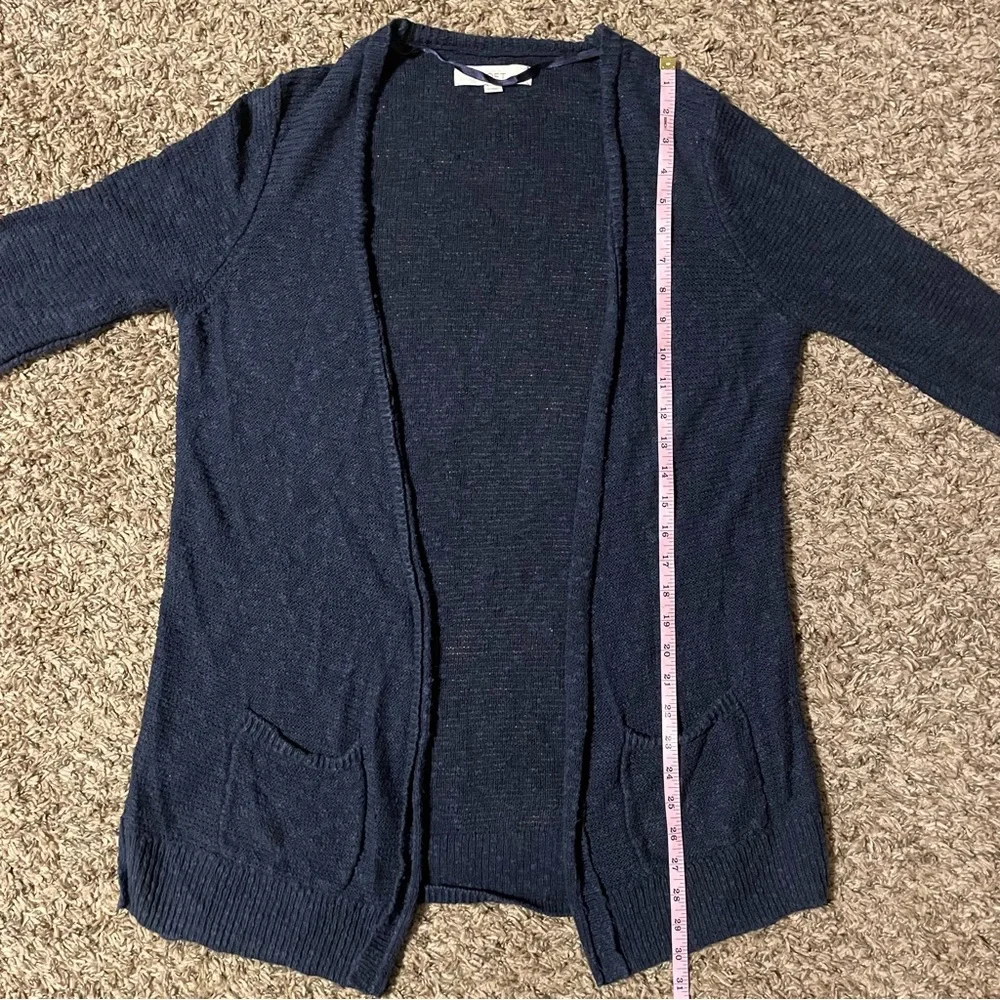 Loft Womens Medium Navy Blue Linen Cotton Open Front Knit Cardigan Boho Coastal